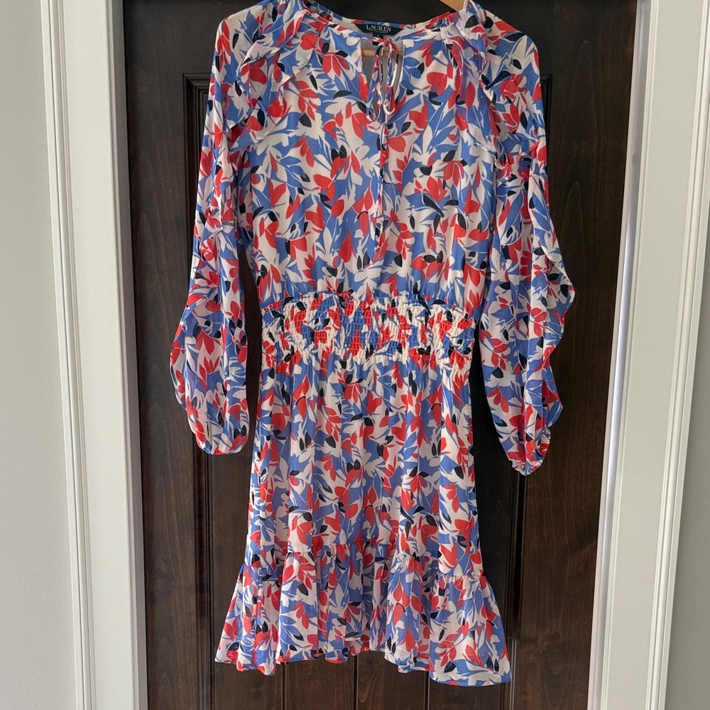 Ralph Lauren Red and Blue Floral Long Sleeve Dress
